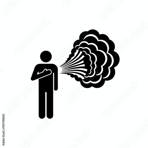 Solid black silhouette of a man clutching his chest during a severe coughing fit representing respiratory infection