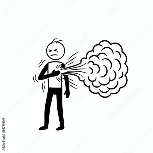Distressed stick figure character clutching chest while having a severe coughing fit representing respiratory illness symptoms