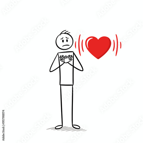Worried stickman character with hands on chest and vibrating heart icon depicting palpitations or cardiac distress