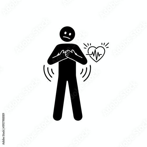 Black silhouette of a person clutching chest with a heartbeat pulse icon depicting sudden cardiac arrest or heart attack