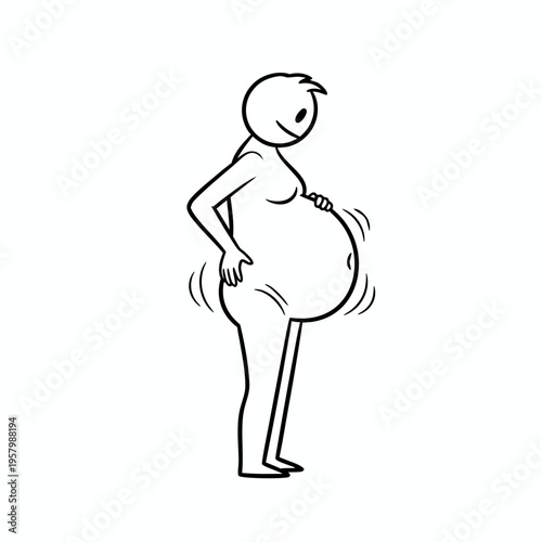 Minimalist stick figure character with large protruding belly representing pregnancy or full stomach concept