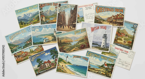 Vintage postcards with various scenic views and greetings