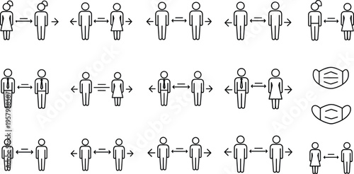 Social distancing and human interaction icons set with people spacing guidelines vector illustration