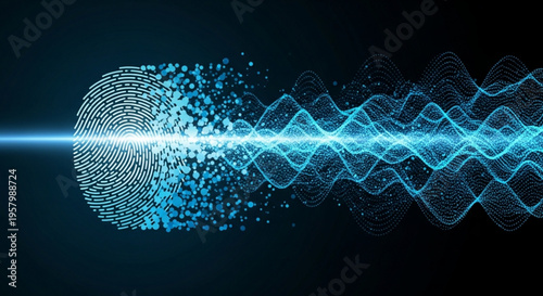Biometric fingerprint scan with glowing blue wave pattern on dark background representing secure identity verification technology