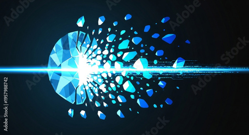 Shattered blue diamond explodes with bright light beam on dark background symbolizing luxury and energy