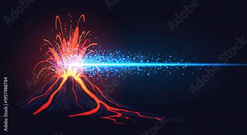 Vibrant volcanic eruption with glowing lava and sparkling blue light beam on dark background