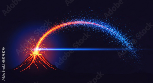 Vibrant volcanic eruption with glowing orange lava and blue sparks flying high in a dark night sky