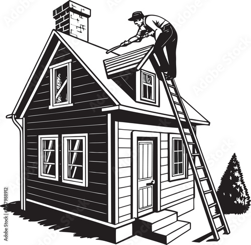 A black and white illustration of a professional worker repairing a residential house roof design