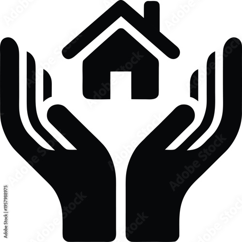 A minimalist black icon design showing a small house silhouette being held within two open hands