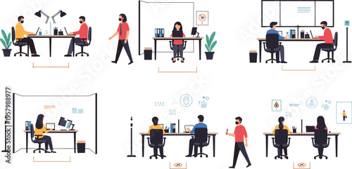Office workspace scenes with employees working meeting and collaboration vector illustration