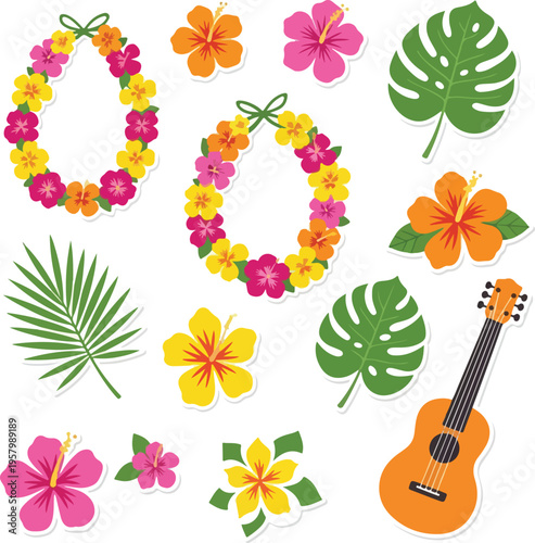 Tropical Hawaii Flat Vector Elements Set for Spring Break and Summer Party Decorations