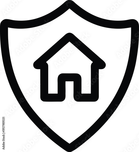 A minimalist black outline icon depicting a house shape centered inside of a protective shield sign