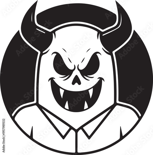 A minimalist black and white circular icon featuring a devilish character with horns and a grin