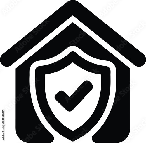 A minimalist black and white icon showing a house outline containing a shield with a check mark.