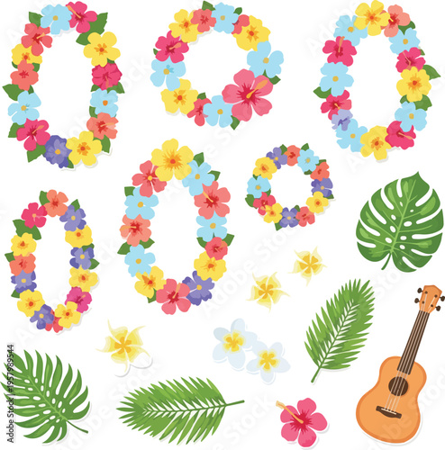 Tropical Hawaiian Lei Garland and Ukulele Set for Summer Beach Party and Spring Break Celebration