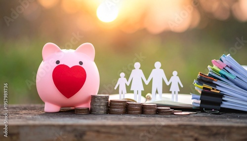 Piggy bank with coins, books, family silhouettes, and growth