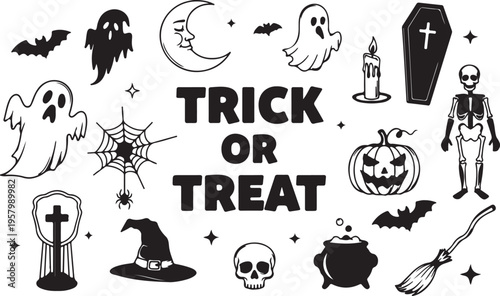 A collection of black and white halloween icons surrounding the text trick or treat for holiday
