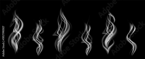 Flowing transparent mist waves creating aroma feeling above mug or grill. Realistic steam food effect for hot cuisine, coffee, tea and BBQ cooking scenes.