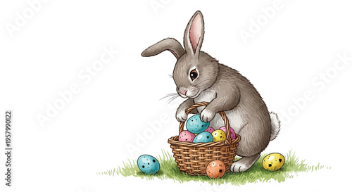 Gray rabbit holding a basket of colorful Easter eggs on grass