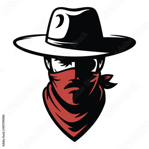 A minimalist vector illustration of a mysterious cowboy wearing a wide brim hat and red bandana