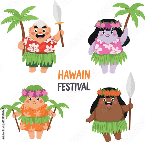 Cute Hawaiian People Characters in Traditional Hula Costumes and Aloha Shirts with Palm Leaves and Spears for Tropical Summer Festival Celebration Illustration