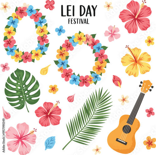 Lei Day Festival Elements Set with Tropical Hibiscus Flowers, Hawaiian Floral Wreaths, Monstera Leaves, and Ukulele for Summer Party Design