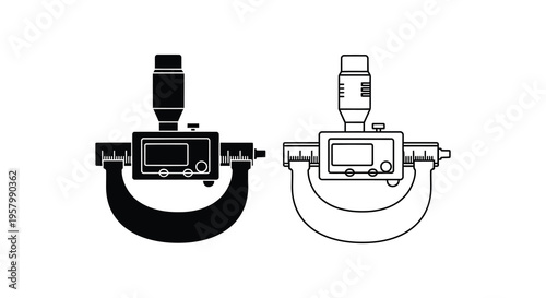 Two depictions of a micrometer one solid and one outlined silhouette