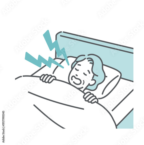 ベッドで大きないびきをかいて寝ているシニア女性のイラスト（睡眠時無呼吸症候群・SAS）