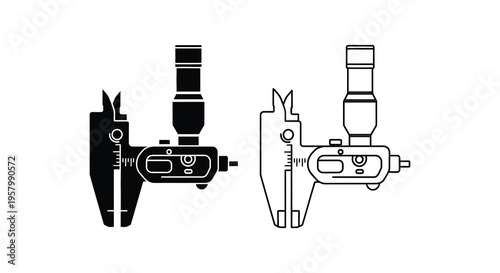 Two caliper illustrations one solid and one outlined in black and white silhouette