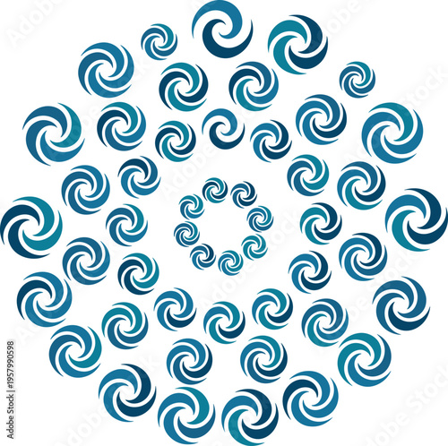 Abstract circular composition with rotating spiral elements, dynamic radial symmetry, modern blue swirl shapes, and decorative geometric arrangement for creative design use
