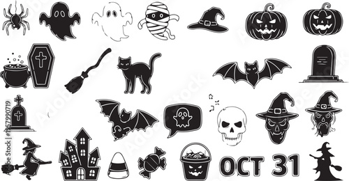 A collection of black and white halloween icons featuring spooky creatures and holiday symbols