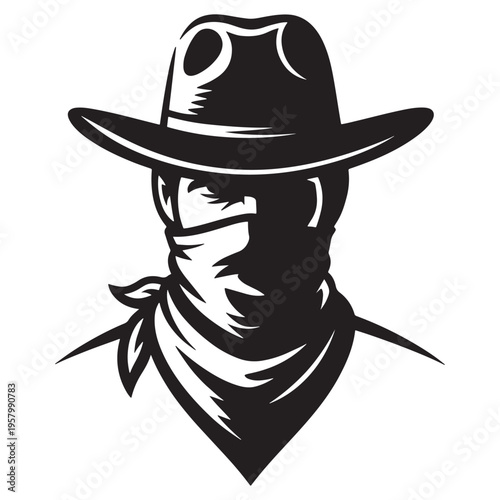 A high contrast black and white vector illustration of a mysterious cowboy wearing a felt hat