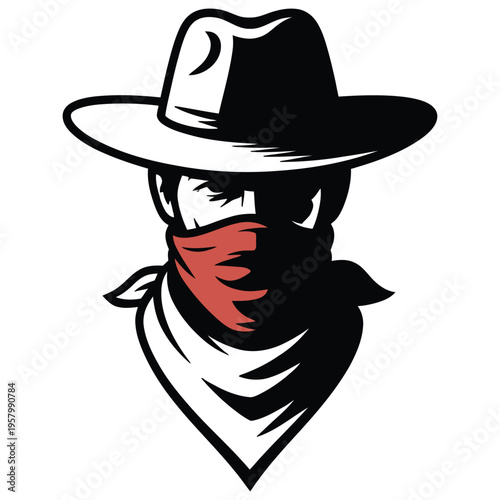 A high contrast vector illustration of a mysterious cowboy wearing a wide brim hat and red scarf