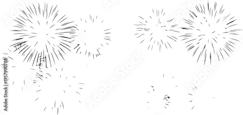 A minimalist black and white illustration depicting several exploding fireworks in the night sky