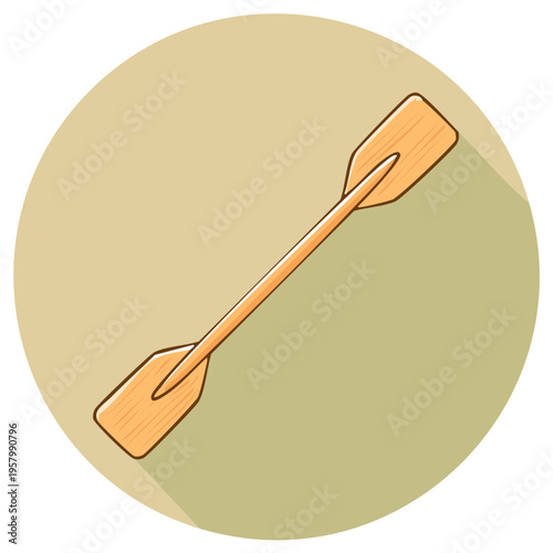 Paddle illustration with wooden texture, rafting equipment. Isolated on circle background. Kayak equipment art.