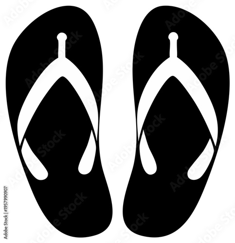 Minimalist black and white silhouette icon of a pair of flip flop sandals for summer vacation concepts