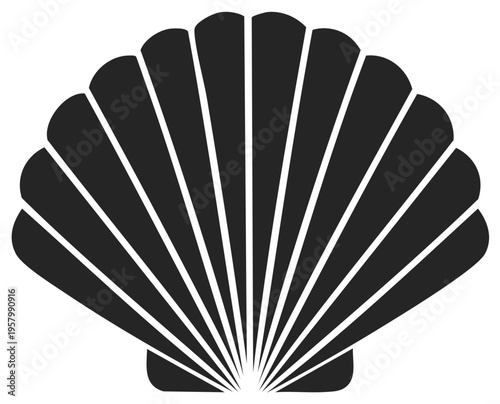 Black scallop seashell silhouette vector icon. Marine mollusk graphic symbol for ocean beach design.