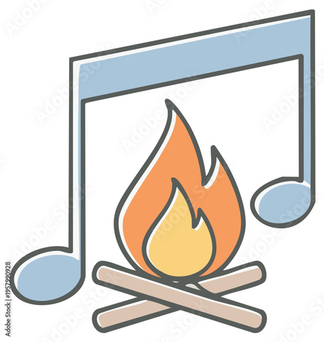 Animated camp fire with music notes above the flames creating a soundscape scene