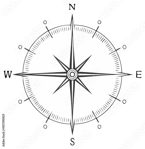 Outline Compass Rose Showing Directions and Degrees, Navigation Symbol