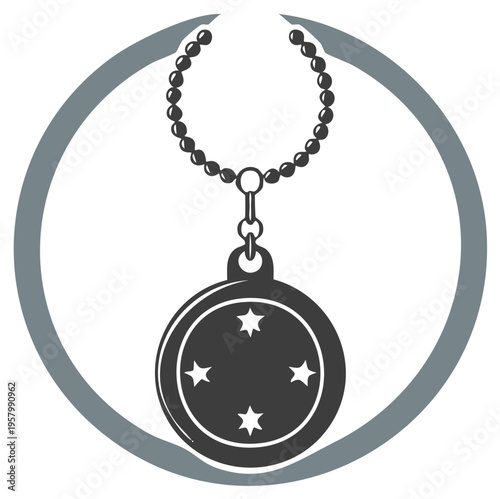 Charm with a four stars, Pendant hanging from a bead chain inside a grey circle
