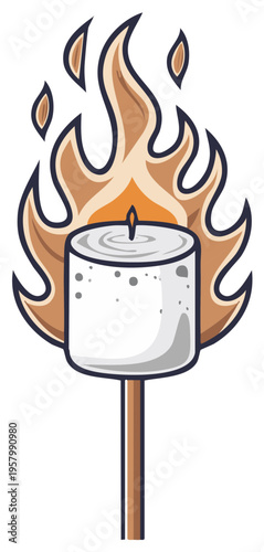Cartoon marshmallow on a stick with flames, illustration of campfire treats