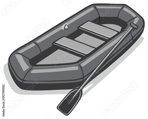 Inflatable Boat with Oar, Vector Illustration, Water Sport Equipment, Grey Rubber Raft