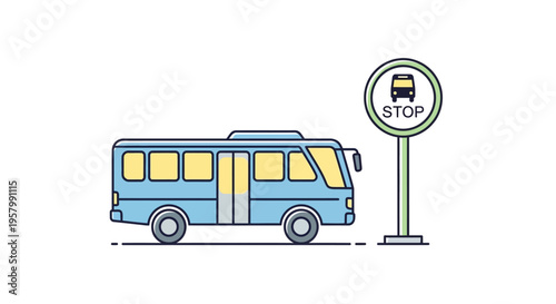 Blue Bus at Bus Stop Sign.