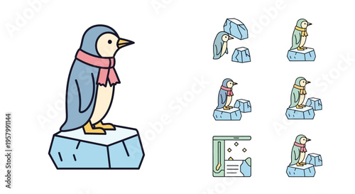 Penguin standing on ice block alone.