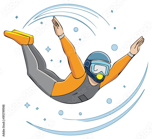 Energetic vector illustration of a skydiver flying through the air with arms spread and motion lines