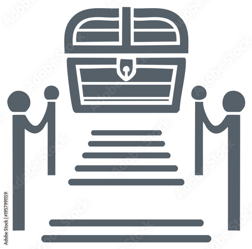 Line art illustration of a Treasure Chest sitting atop steps guarded by gate posts with ornate finials