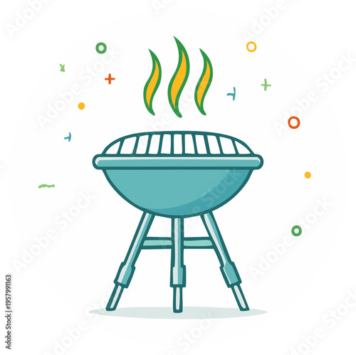 Vibrant cartoon barbecue grill with rising smoke for outdoor summer cooking, picnics, and festive gatherings.