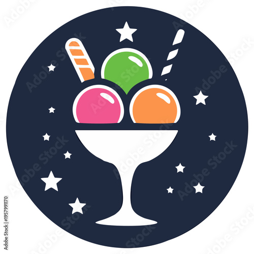 Vibrant multi-scoop ice cream sundae with wafer stick and candy cane under a starry sky