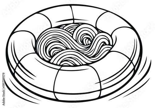 Stylized life preserver illustration.  Swirling line art in safety equipment, flotation device icon