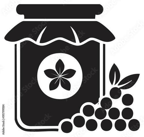 Jar of Fruit Jam with Grapes and Floral Emblem Illustration